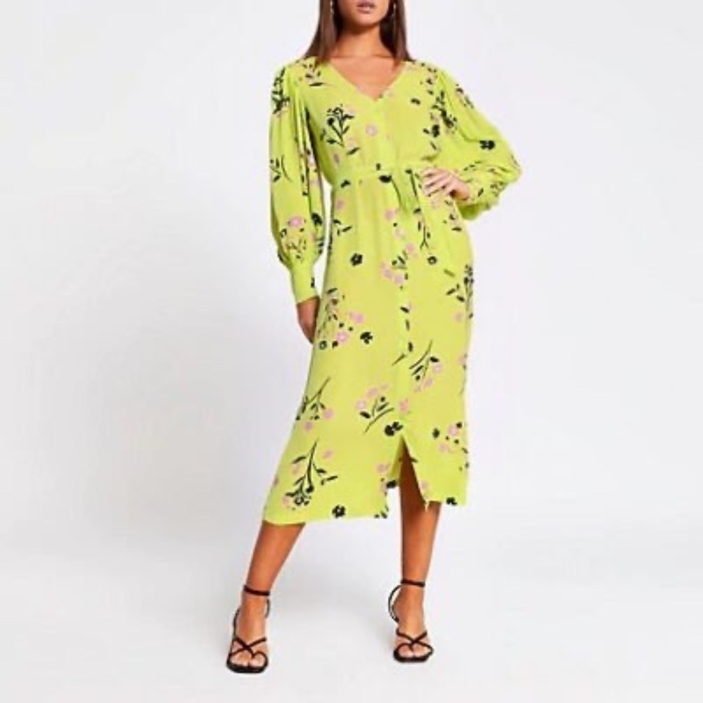 New! River Island Tie Waist Midi Dress Green Floral 31724